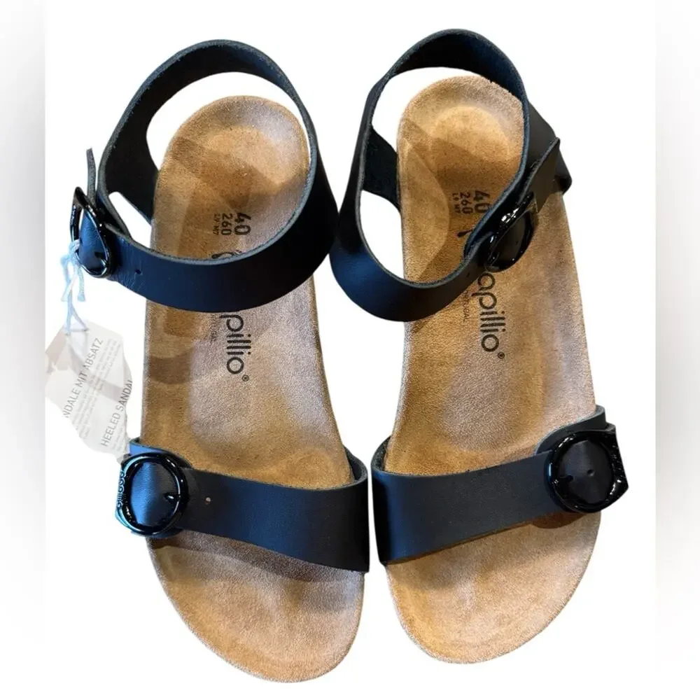 Papillio Smokey Ring Buckle  Women’s Size 9 Black and Tan Wedge Sandals NIB
